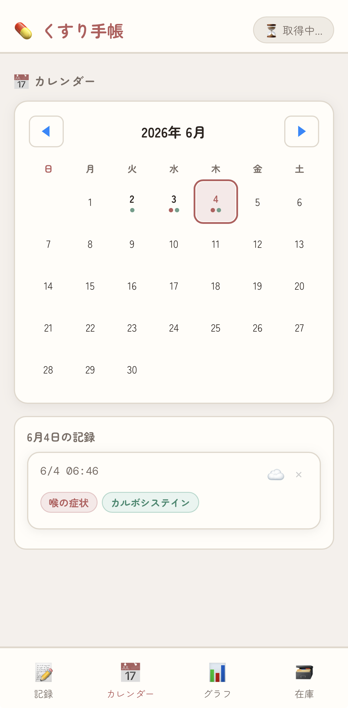 くすり手帳 カレンダータブ